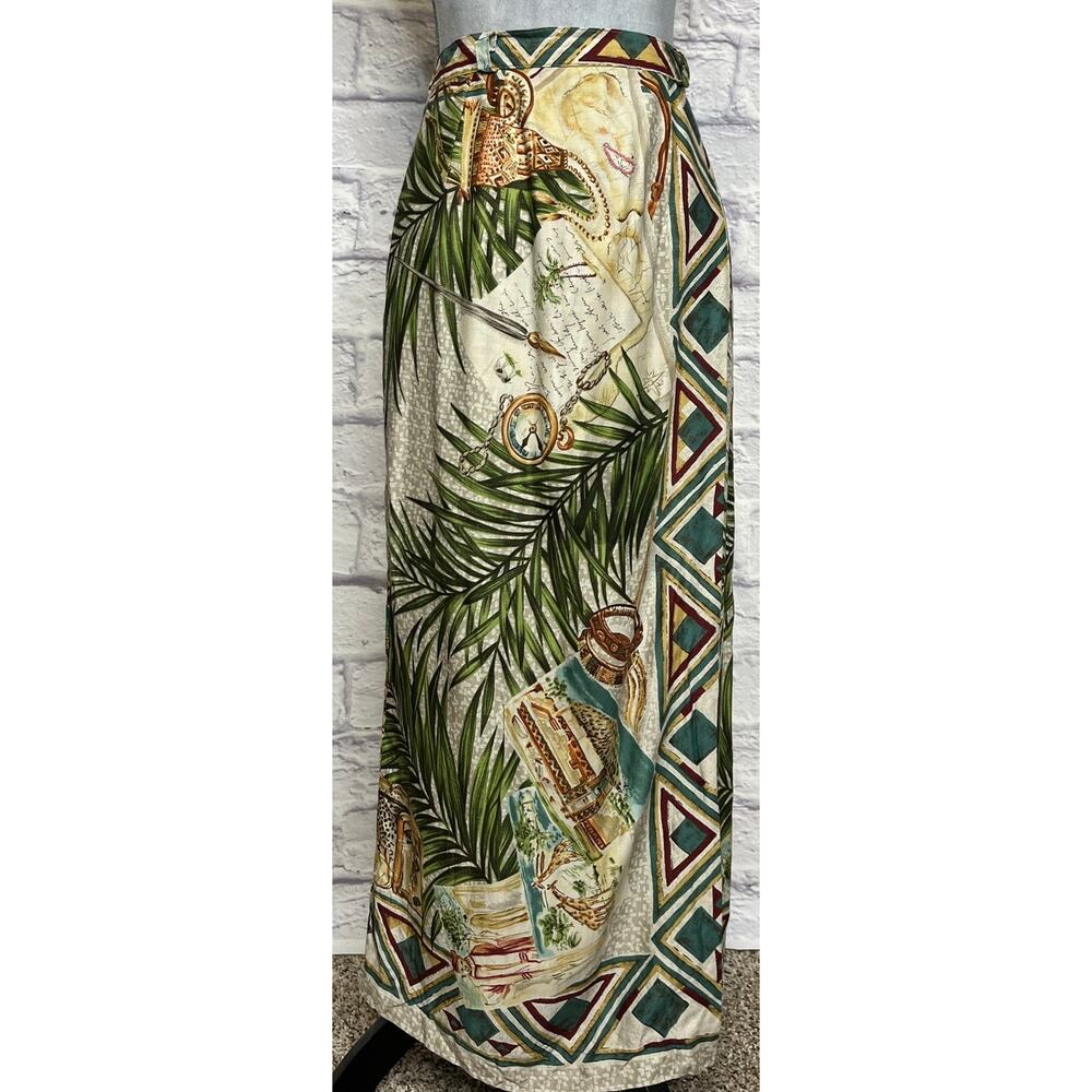 90's Sharon Young Tropical Print Boho Faux Wrap Skirt w/ Pocketwatch Design - Picture 2 of 10